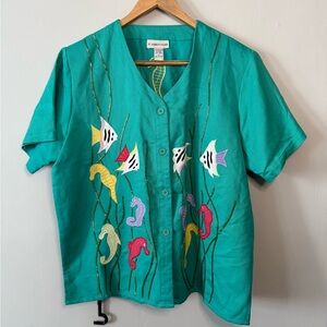 90s Vintage Teal Fish & Seahorse Shirt | Beaded Seaweed | Ashlyn Kate XL